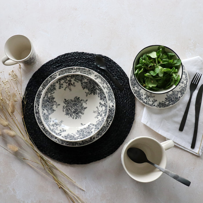 Lot de 6 assiettes plates 26cm en grès décor noir Florali