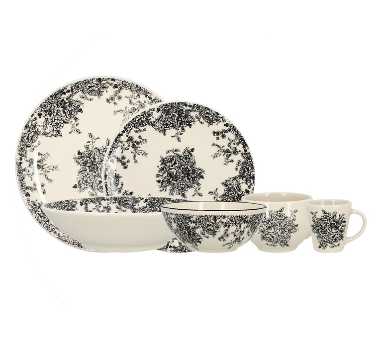 Lot de 6 assiettes plates 26cm en grès décor noir Florali