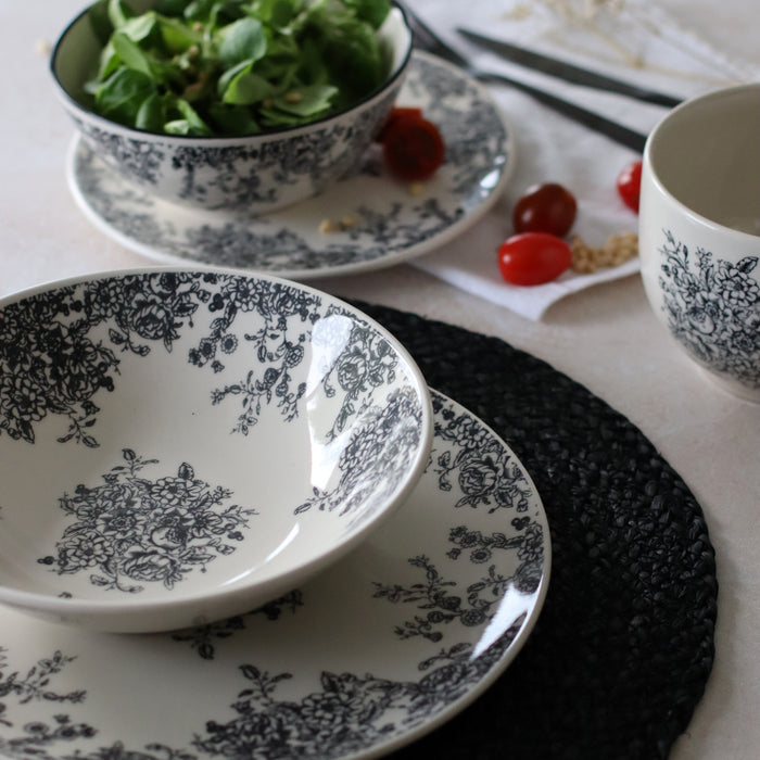Lot de 6 assiettes plates 26cm en grès décor noir Florali